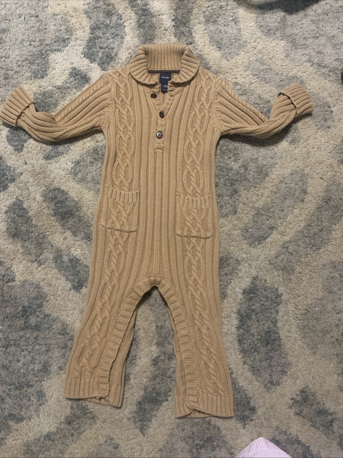 BABY GAP Cable Knit Sweater Camel Beige Brown One Piece Button Outfit 12-18