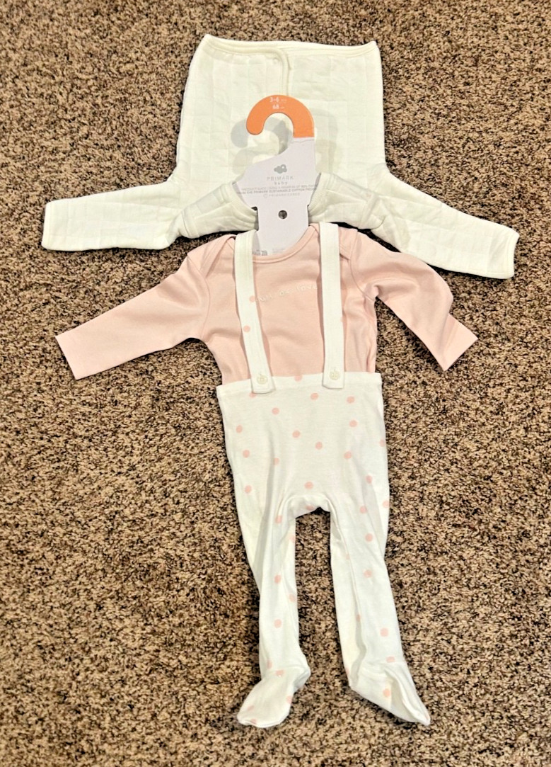 Primark Baby Girl 3-Piece Outfit 3-6 Months Pink White Polka Dot Set NWT