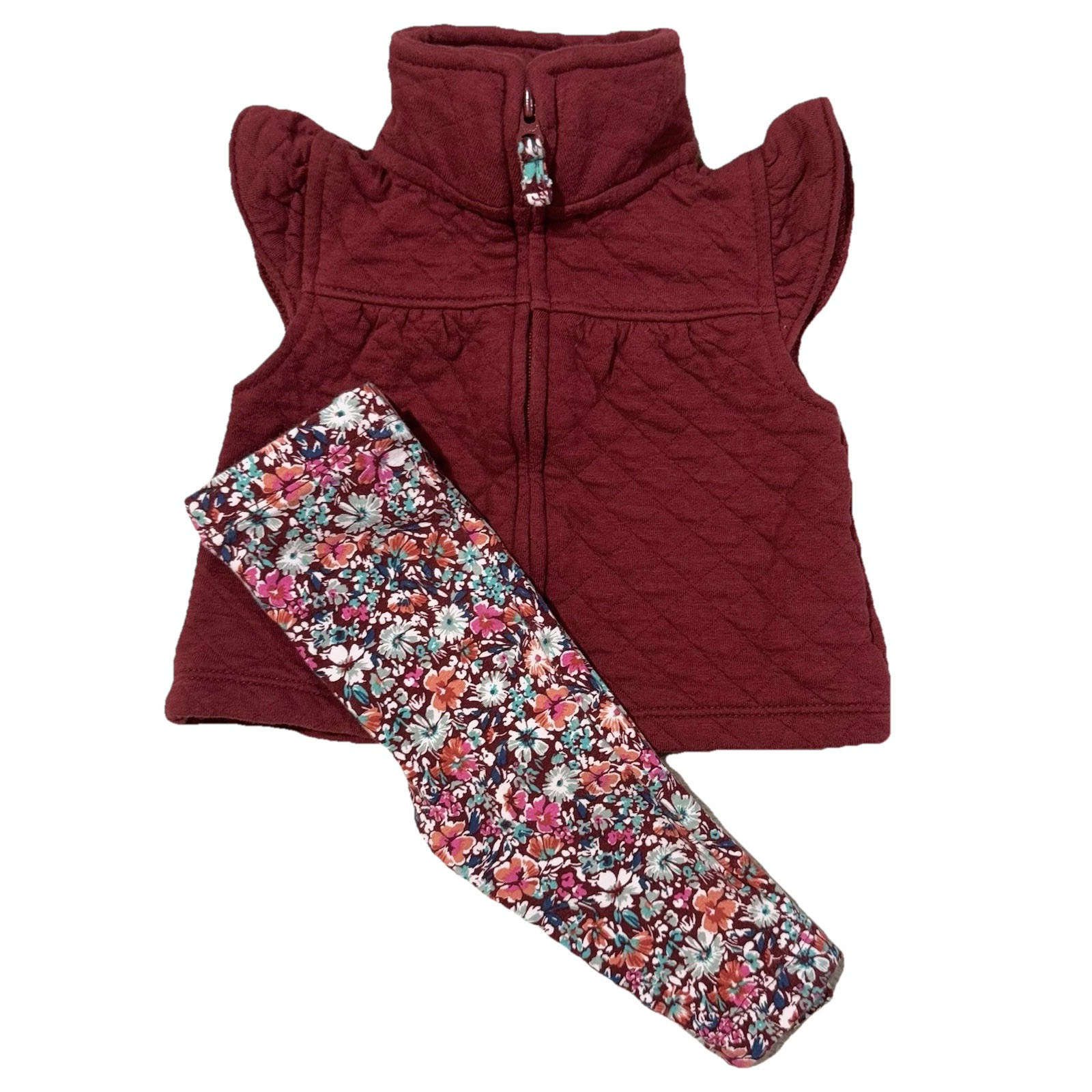 NEW Carters 2 Piece Matching Maroon Vest Floral Legging Outfit 3M NWOT Spring