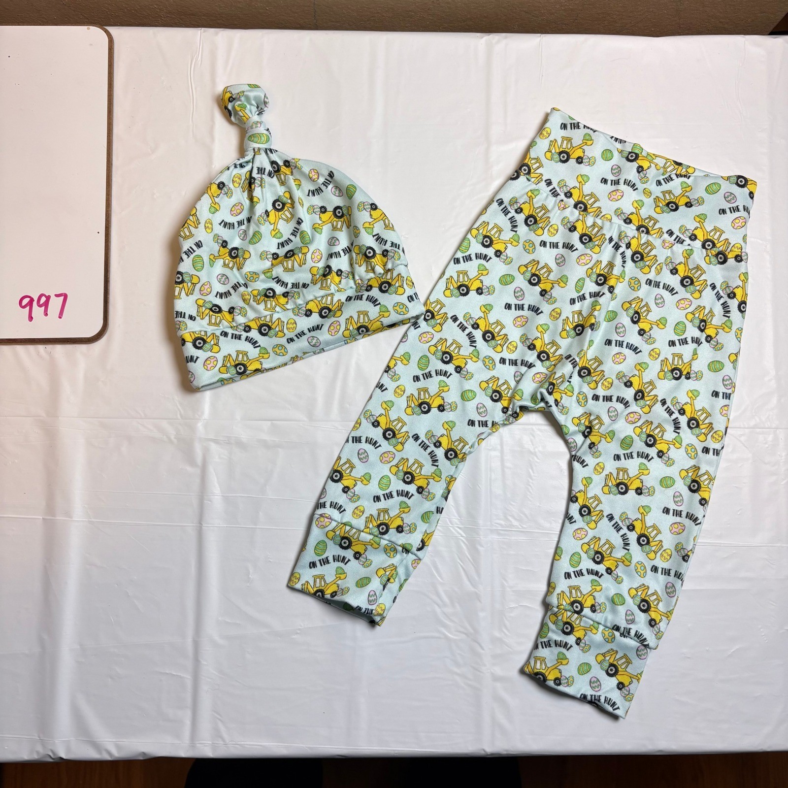 Easter Construction Excavator Pants and Top Knot Hat Set Light Blue Kids Easter