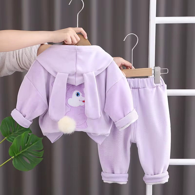 Autumn Winter New Baby Girls Clothing Set Lining Plush Thick Cartoon Rabbit Ear