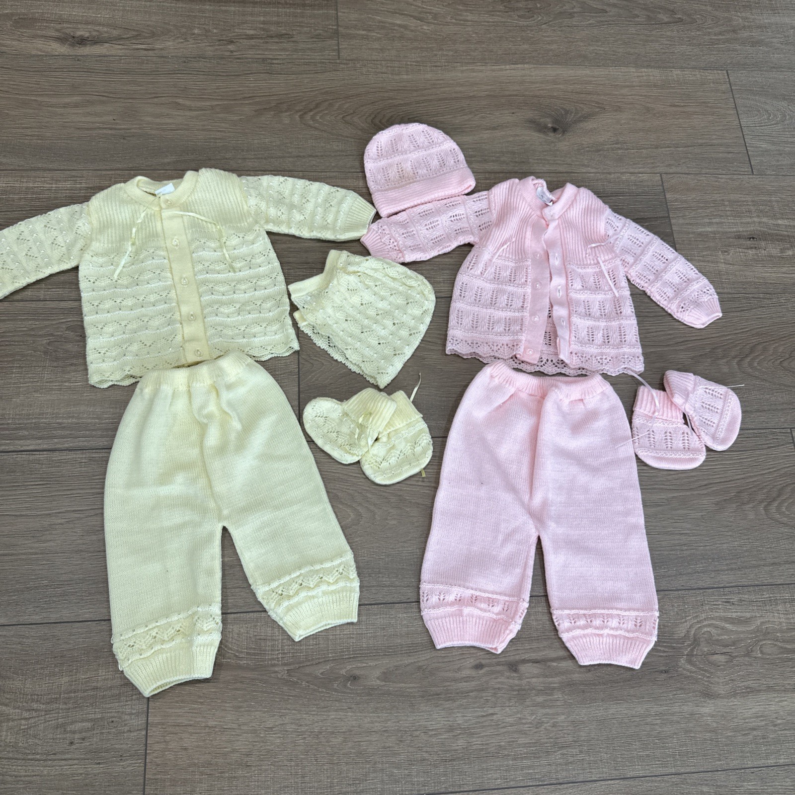 Set of 2 – Hand Made Newborn White knitted. 4 Piece Jacket, Booties, Hat, Pants