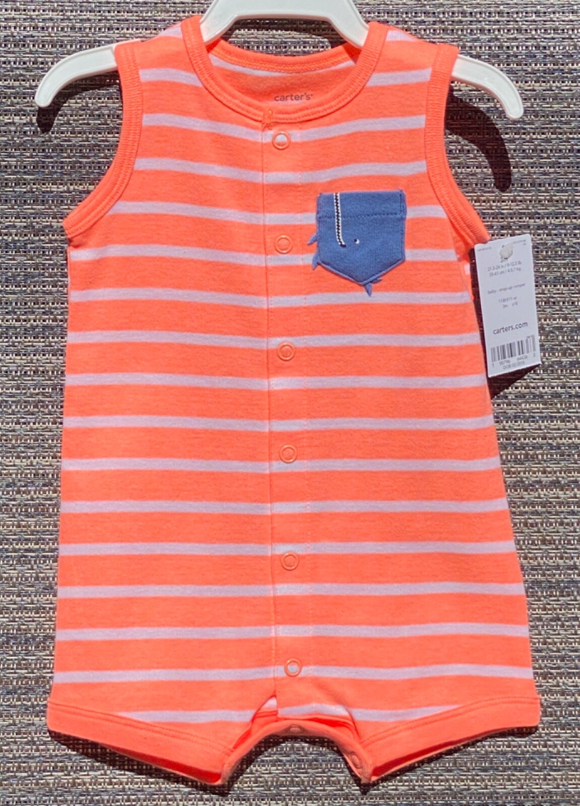 Romper Carter’s Baby Boy Neon Orange Stripe Whale Pocket Sleeveless 3 Months