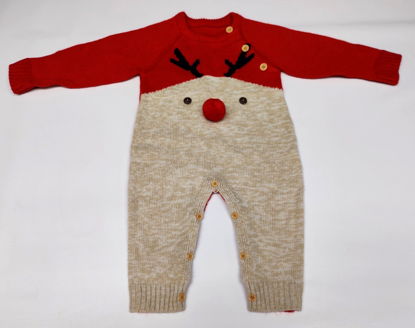 Baby ~Toddler Christmas Reindeer One Piece Sweater Outfit~Pom Pom Nose~Buttons