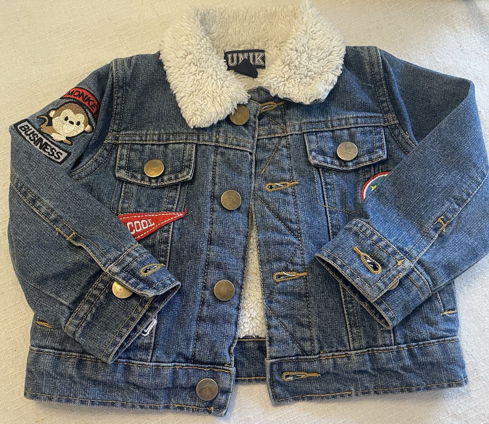 UNIK Kids Sherpa Lined Denim Jacket Patch Monkey Business 85 Blue Jean Jacket