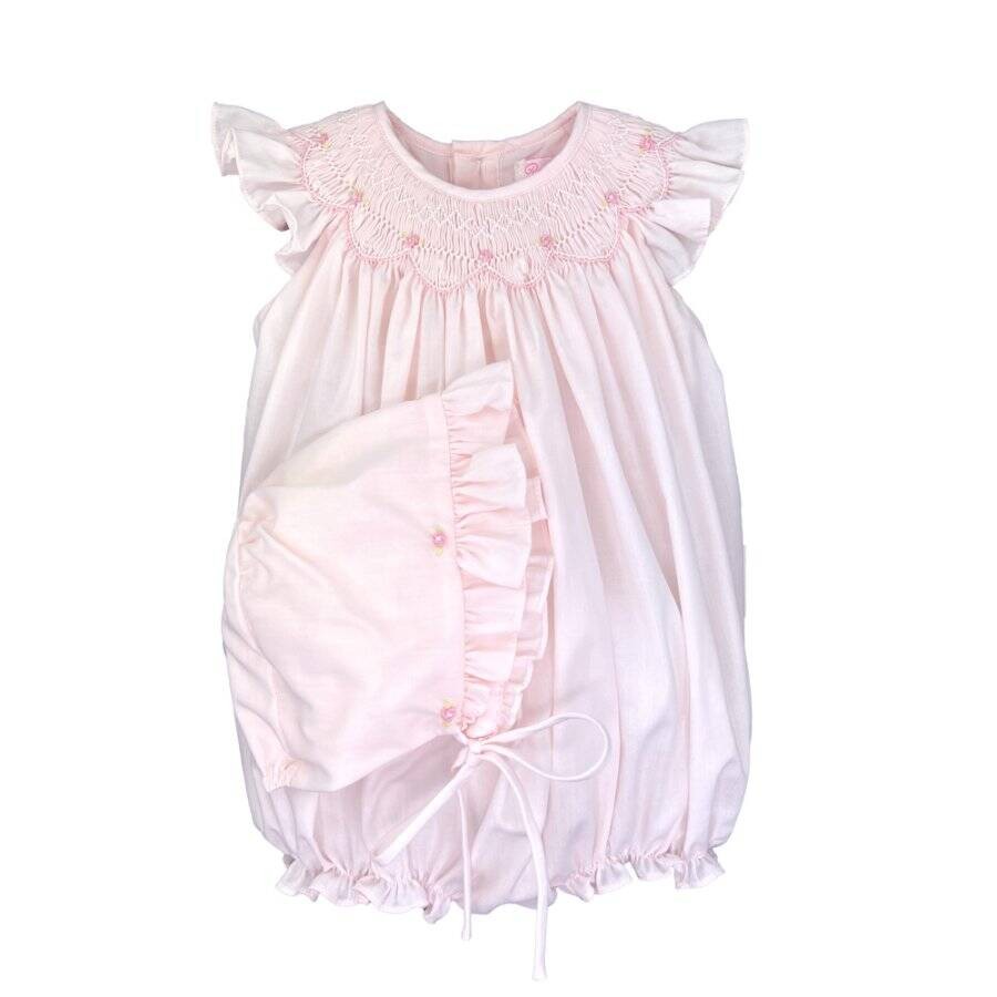 Petit Ami Pink Bishop Smocked Rosebud Bubble with Hat Newborn 3 6 Months