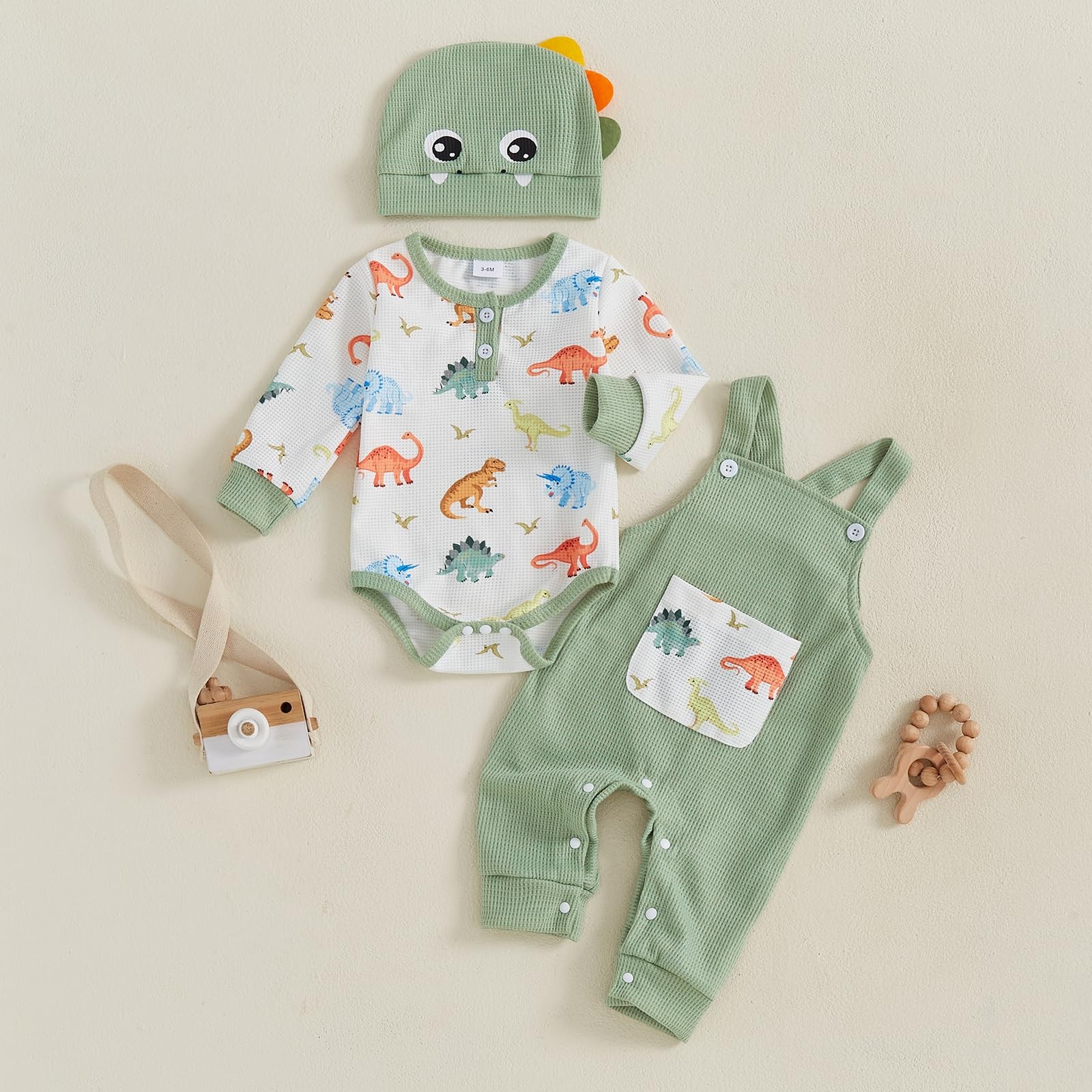 Newborn Baby Boy Dinosaur Outfit Long Sleeve Romper + Overalls Long Pants + C…