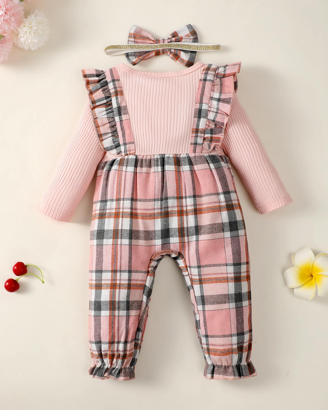 3-6 Months Girl Clothes Baby Girl Fall Outfits Long Sleeve Jumpsuit Pink Plaid