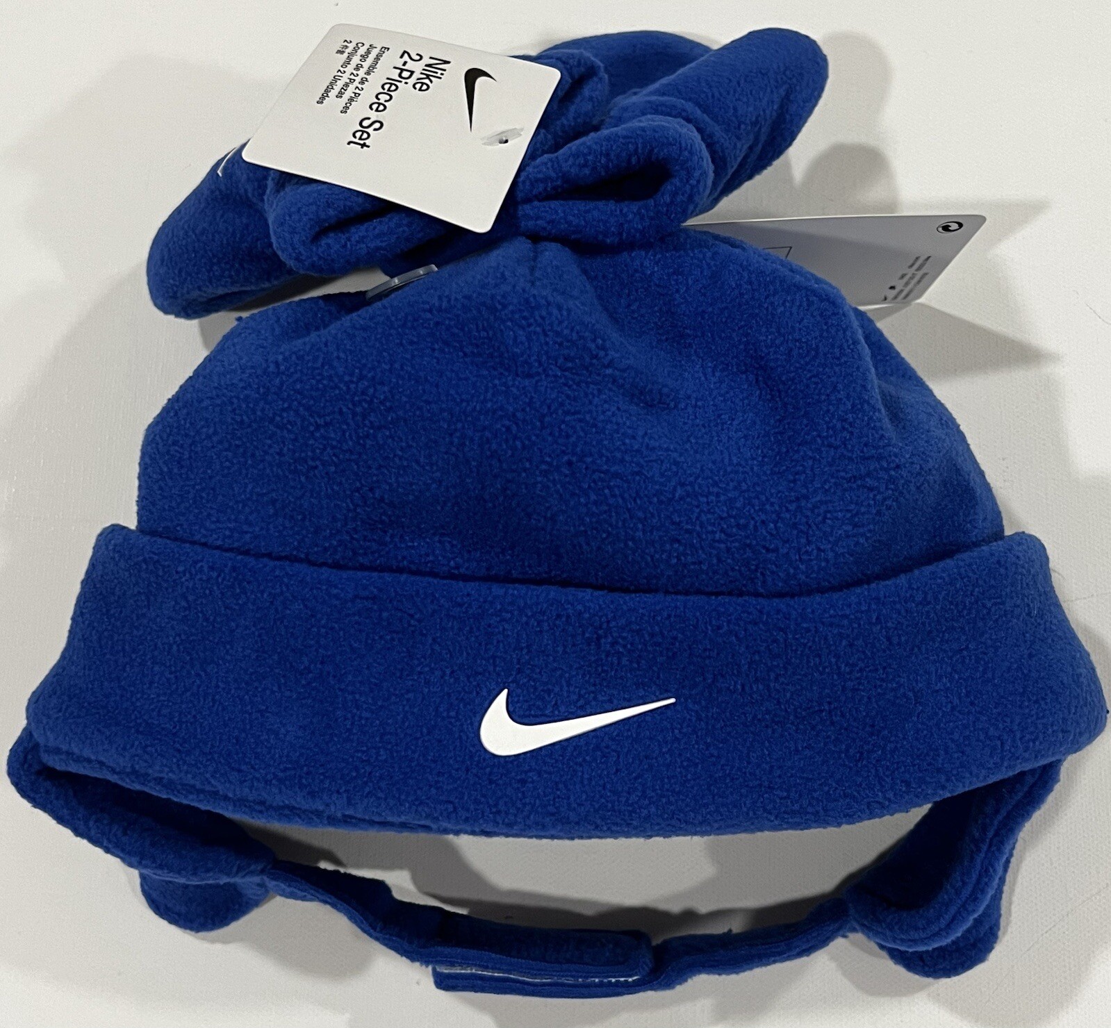 Nike Kids Fleece Trapper Hat & Mittens 2pc Set Royal BLUE Swoosh Toddler NWT