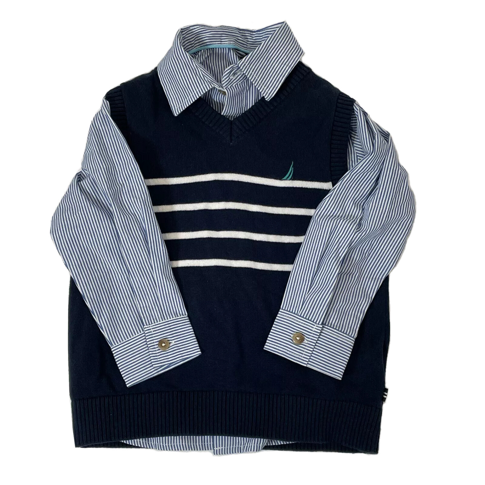 New Nautica Toddler Boys Size 3T Dress Shirt and Sweater Vest Set Blue