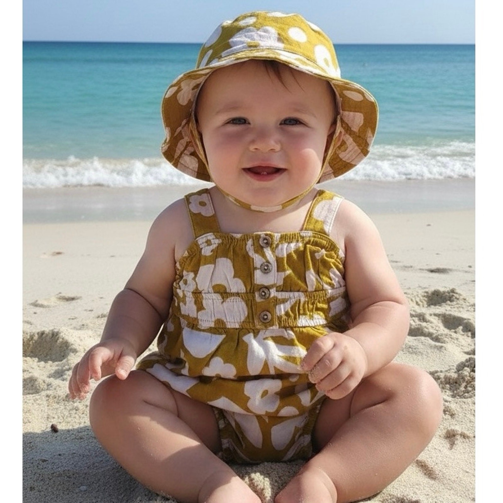 NWT Volcom Baby Linen Romper & Bucket Hat Yellow Pink Floral Size 3-6 months