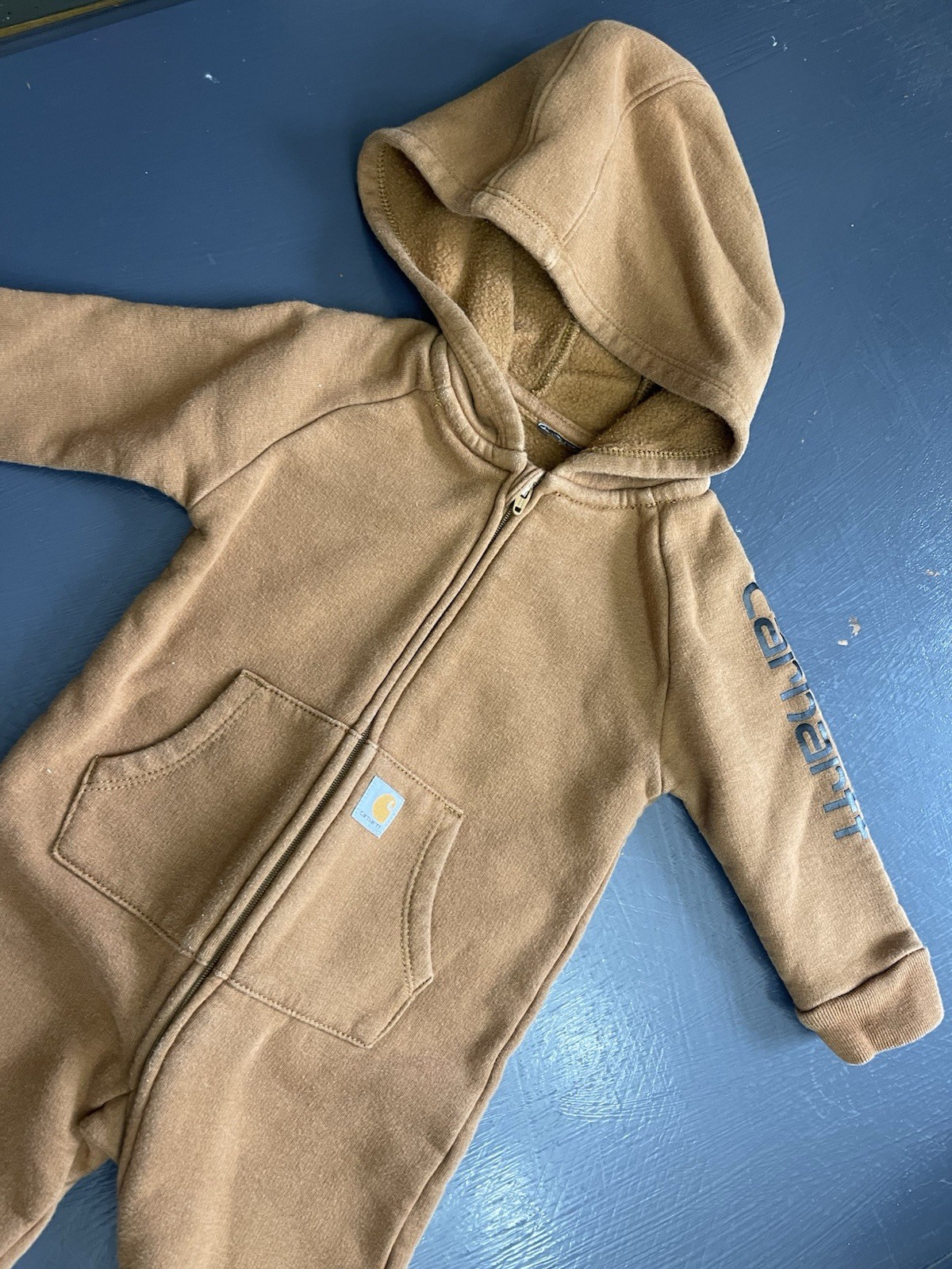 Carhartt Baby 6M Brown Hooded Zip Romper Workwear Cozy Cotton One Piece