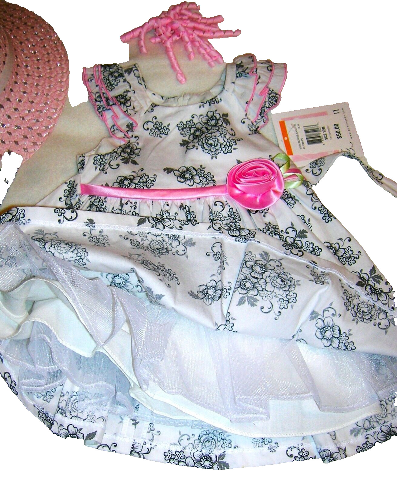 4Pc Set 🌺NWT🌺Bonnie Baby 12M Pink & Gray Party Dress Outfit 👒w/Hat & Hair Bow
