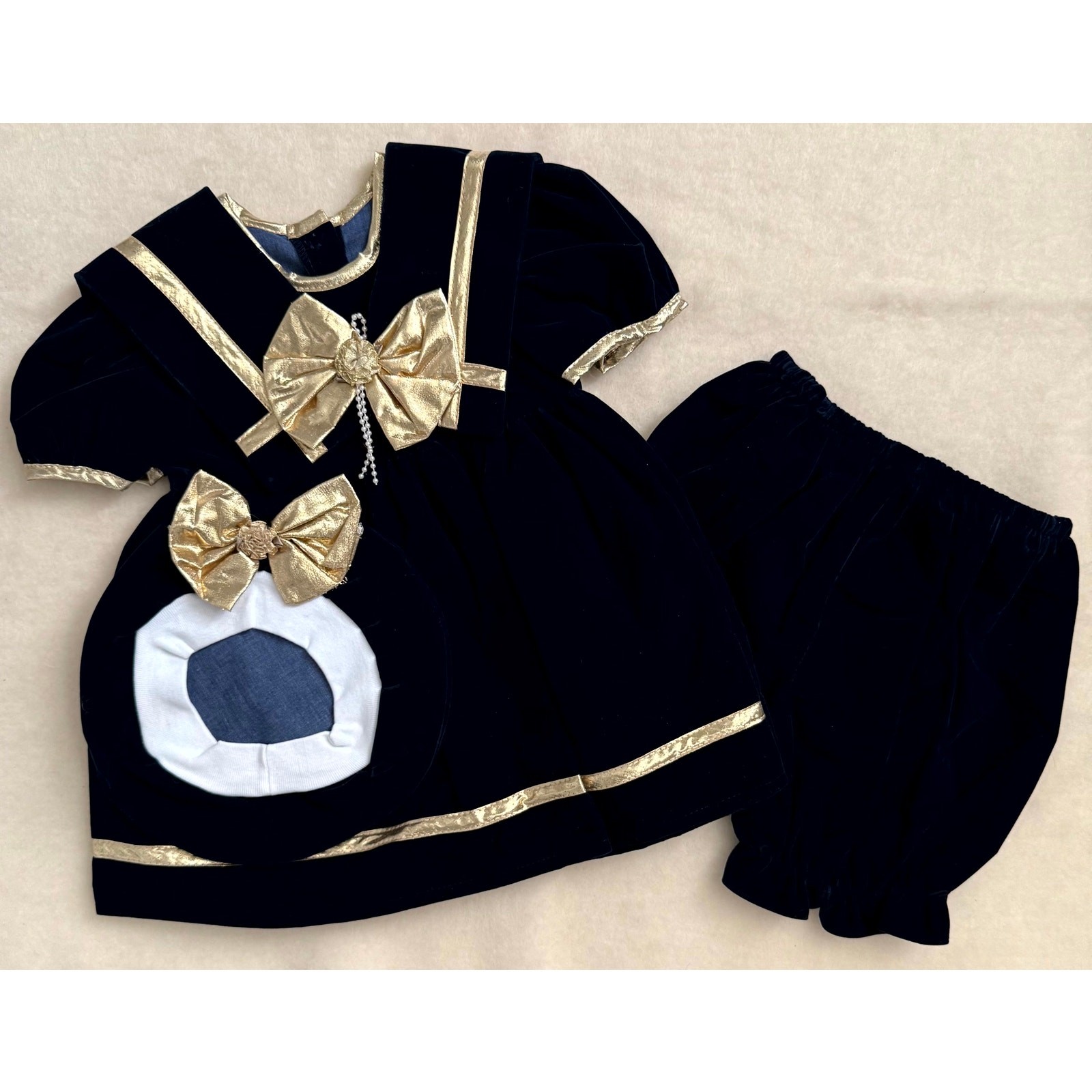 Vintage 90s Poly Kids 3-Piece Bloomers Set Girls 18M Navy Blue Velvet Gold Bows