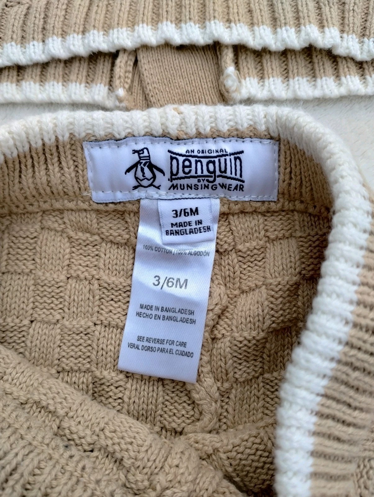 Penguin By Munsingwear Baby Boys Knit Set Tan And Cream Cotton Size 3-6 Months