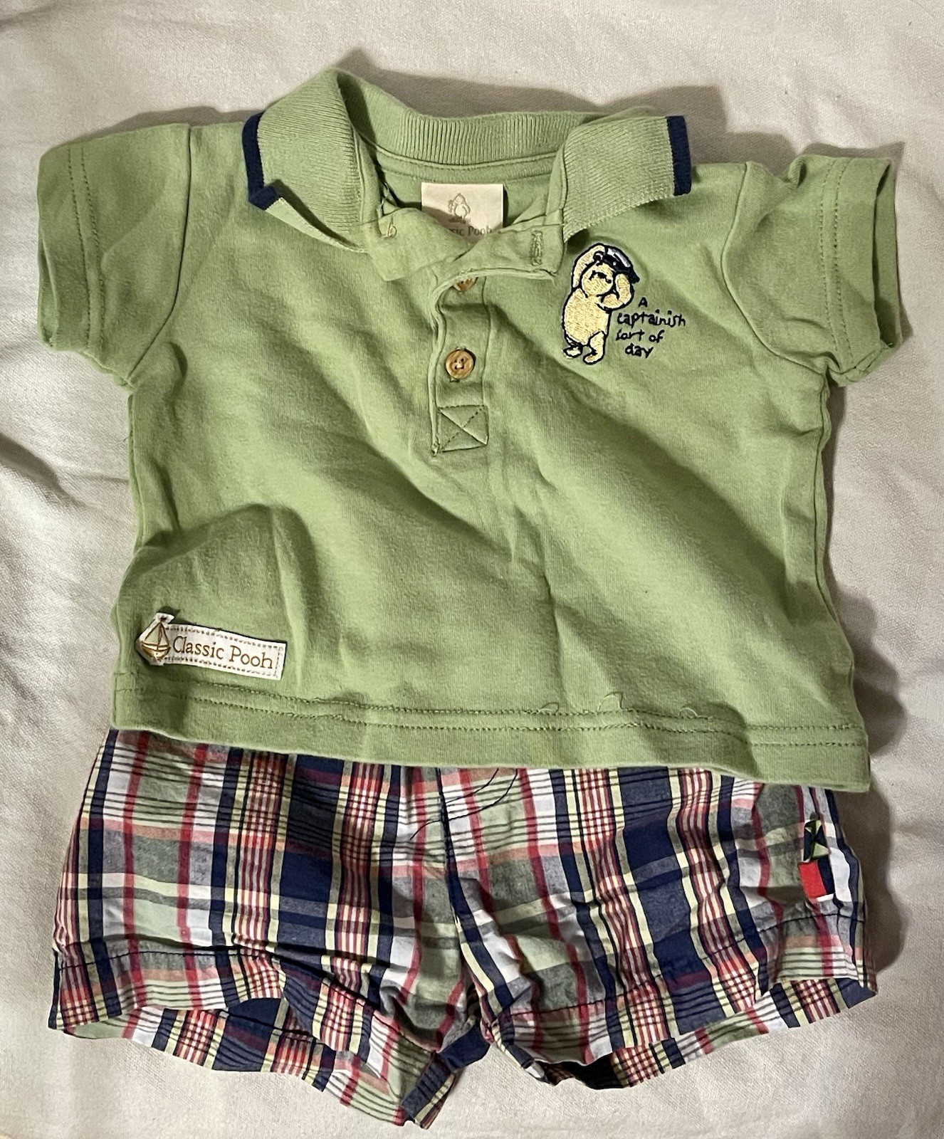 Vtg Classic Pooh by Disney Collared Shirt & Plaid Shorts 2pc Set 3 Months