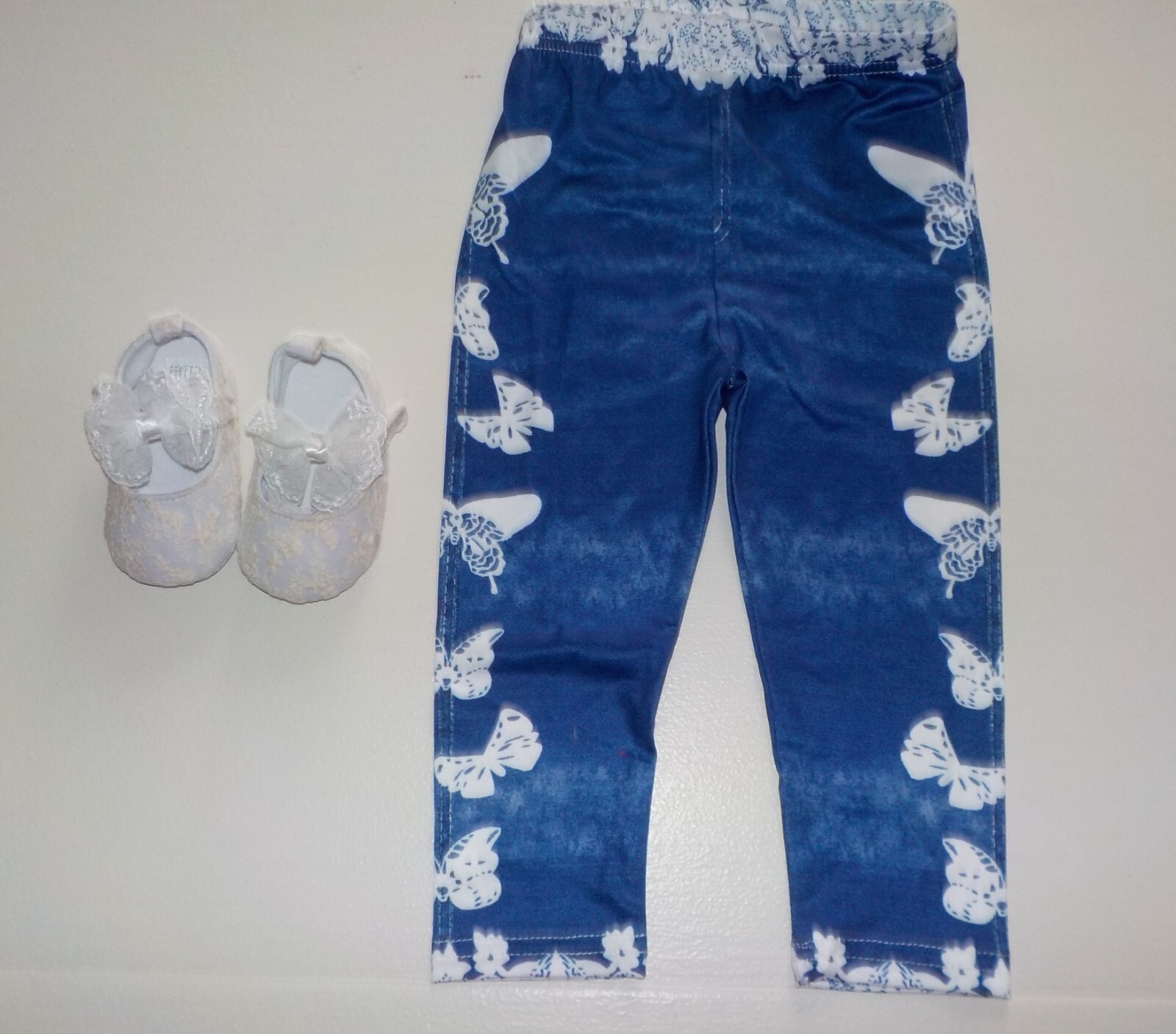 BABY GIRL BLUE PANTS WITH BUTTERFLIES ON THE LEGS+PRETTY WHITE SHOES SZ12-18MOS