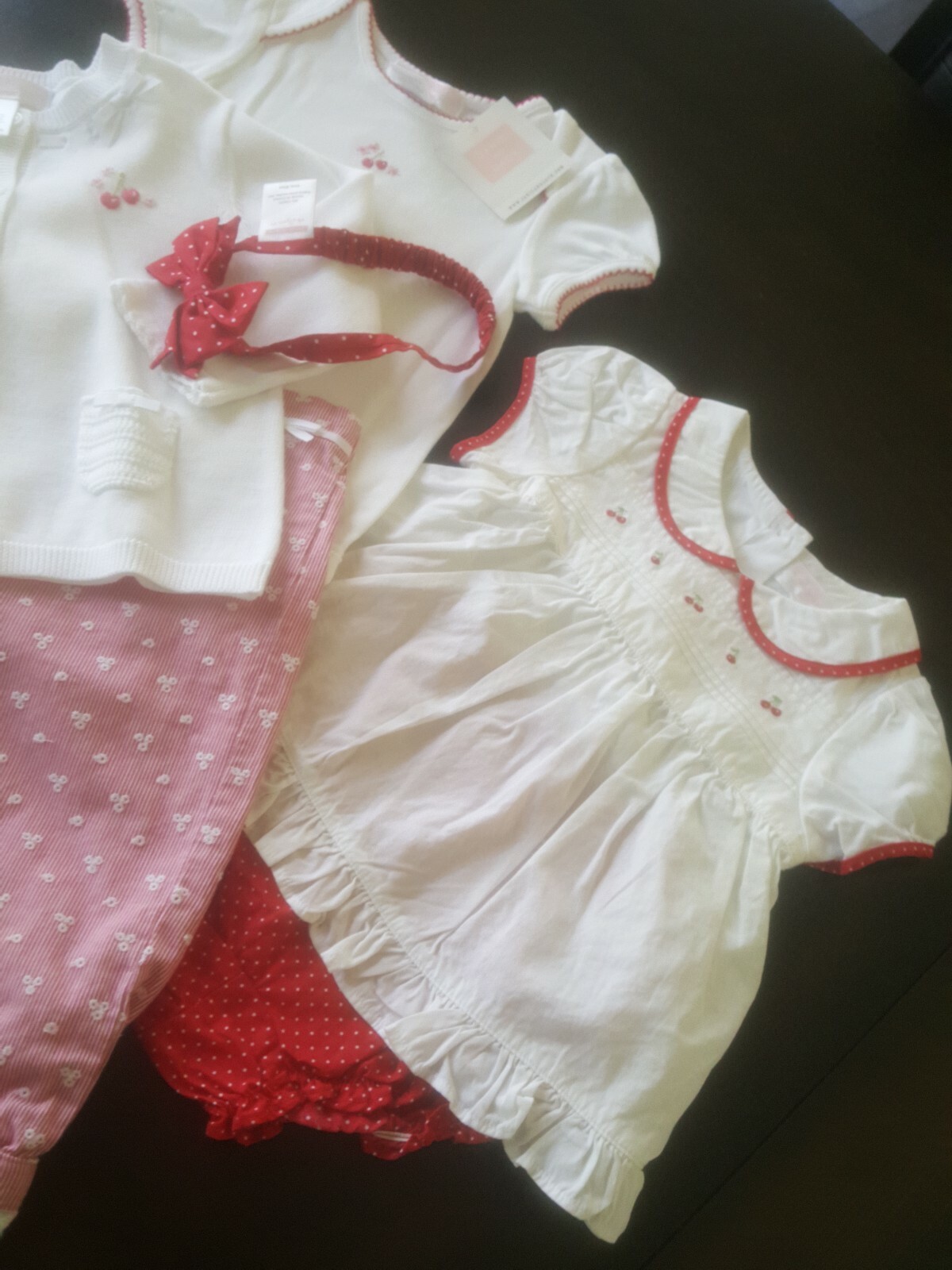 Janie and Jack Layette Cherry Set red polka dots bloomers dress headband cardiga