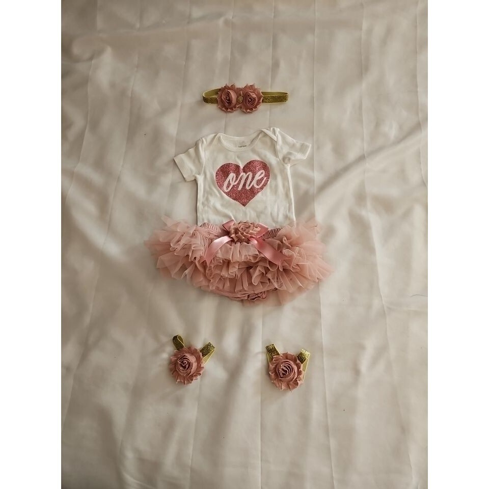 Girls 1st Birthday Outfit Set Complete Headband Tutu Top Sandals Mauve White