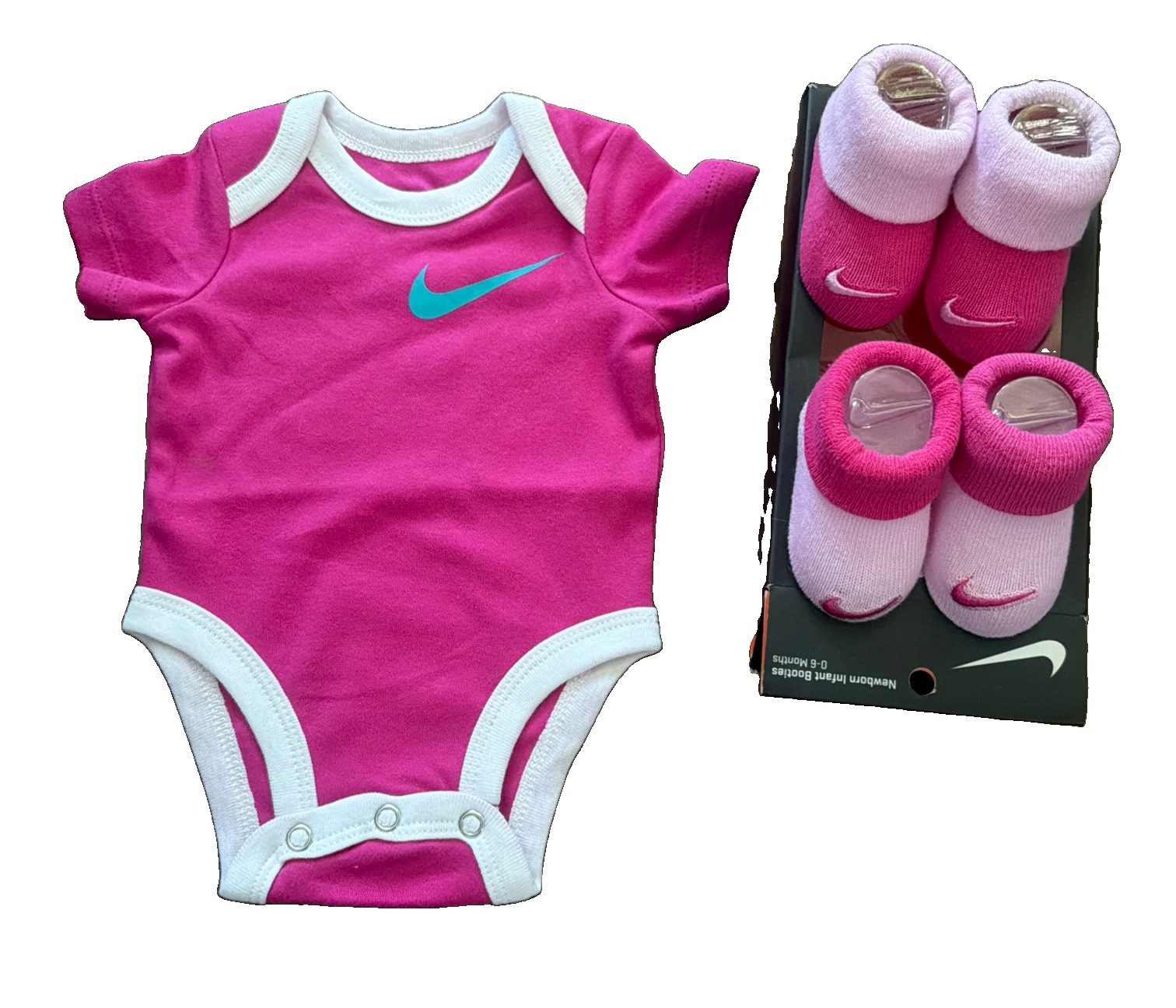 NIKE BABY GIRLS 3-pc GIFT Set: Bodysuits/Rompers & 2-Pairs of Booties 0-3 Months