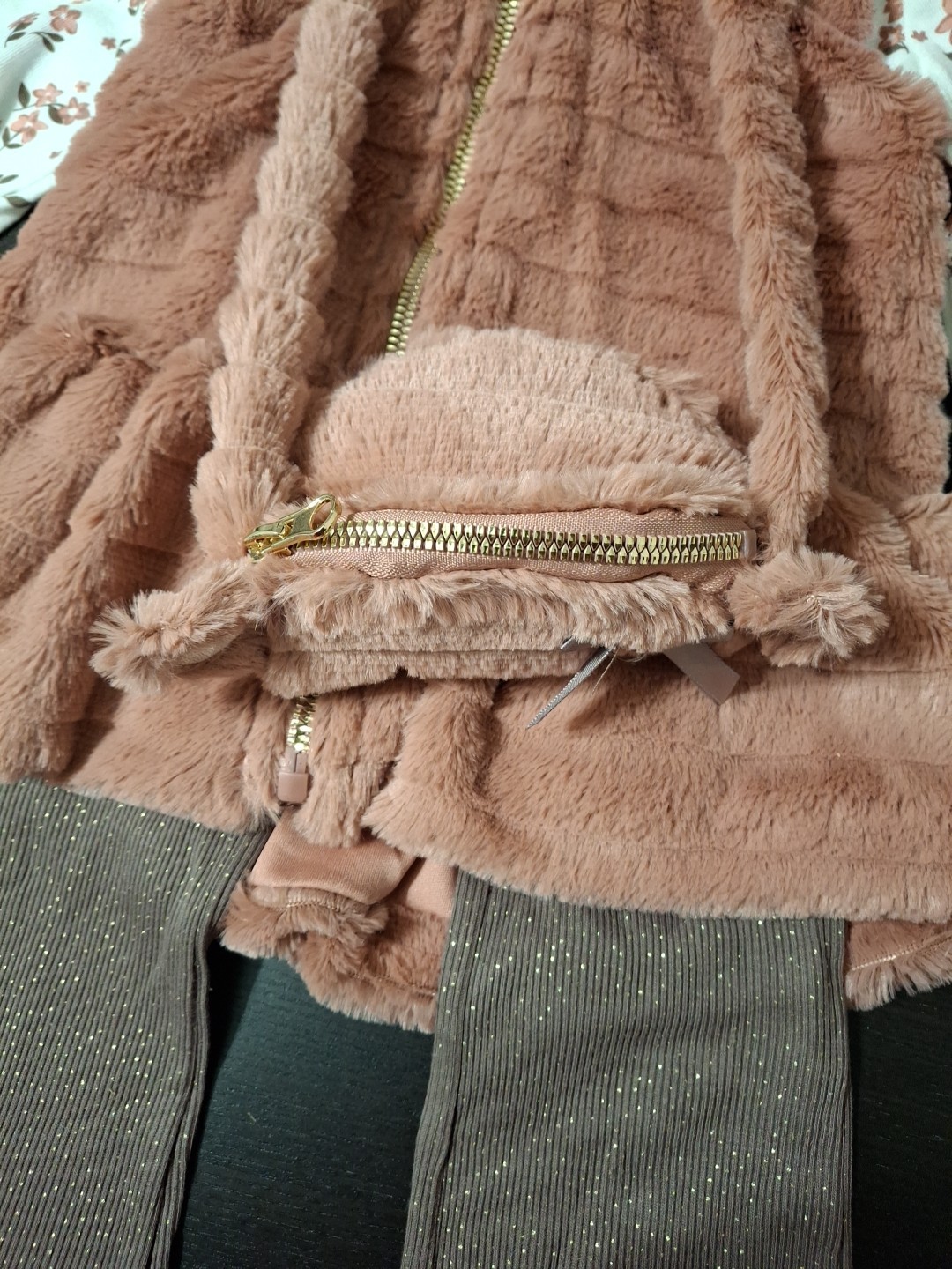 NWT Little Lass 3PC Faux Fur Bear Vest Set Top & Glitter Flare Pants Outfit 24m