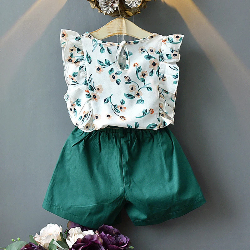 Girls Clothing Ruffle Sleeveless T shirt Skirt 2PCS Sets Baby Girls Clothes