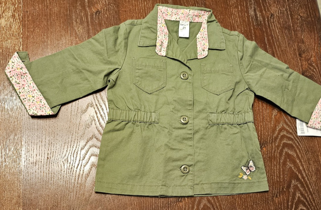 Carter’s Girls 2T 2Pc Outfit Olive Shirt Jacket & Floral Butterfly Jeans NWT