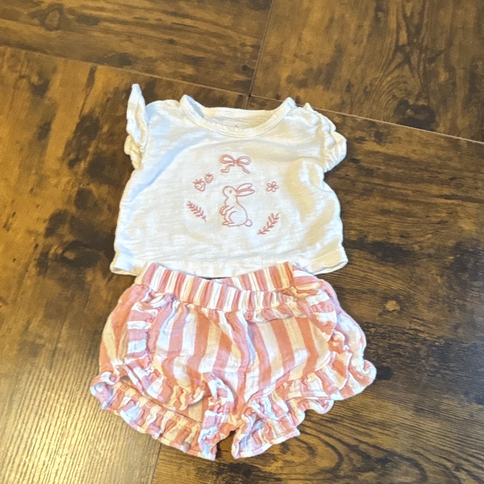 Cloud Island 0-3M Girls 2pc Bunny Short Sleeve Top + Ruffle Shorts White/Pink