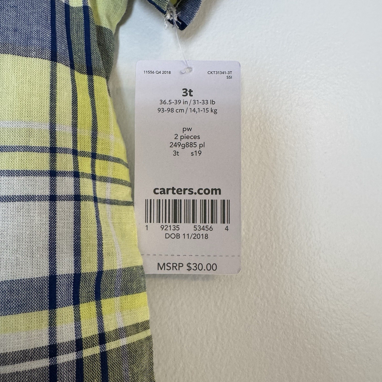 Carter’s Boys 3T 2pc Plaid Woven Cotton Button-Up Shirt & Shorts Set Preppy