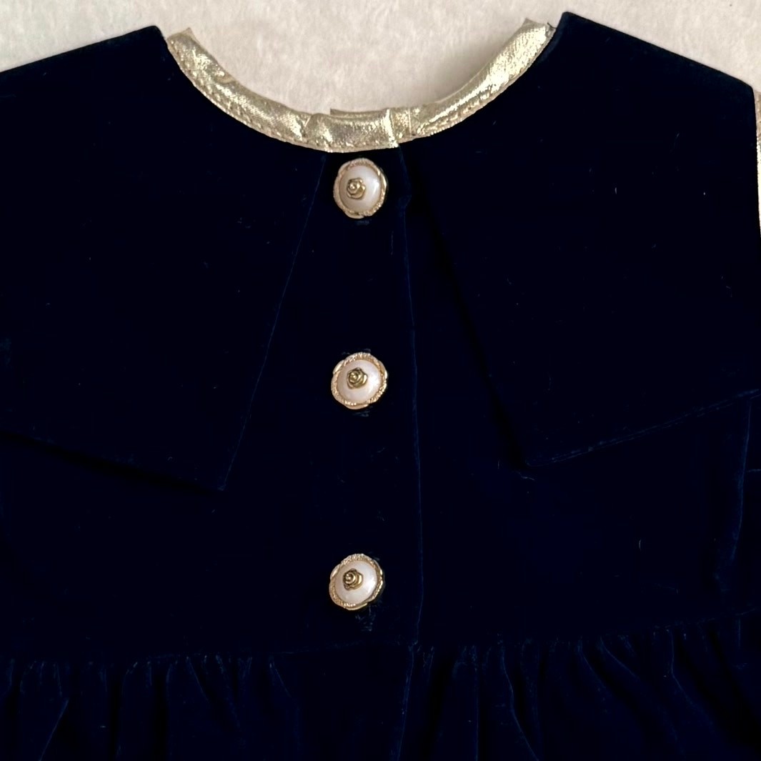 Vintage 90s Poly Kids 3-Piece Bloomers Set Girls 18M Navy Blue Velvet Gold Bows