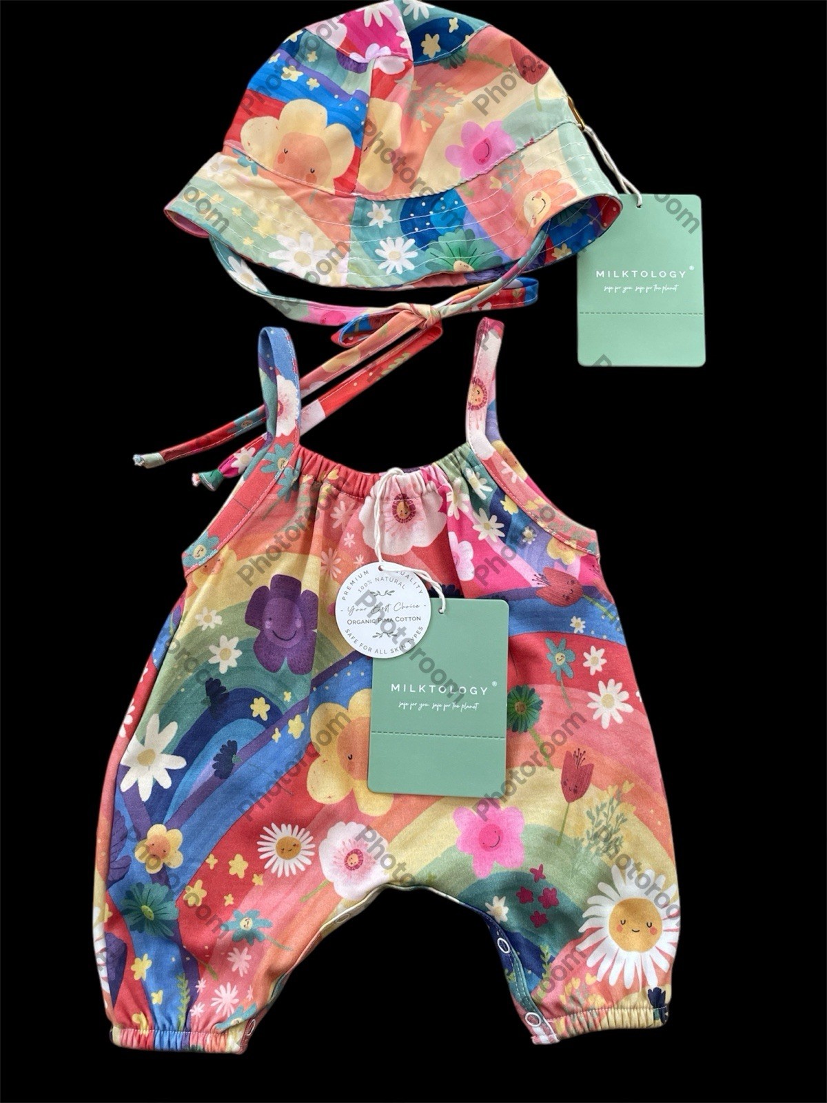 Milktology NWT Rainbow Floral Organic Pima Cotton Coverall & SPF Hat-Newborn