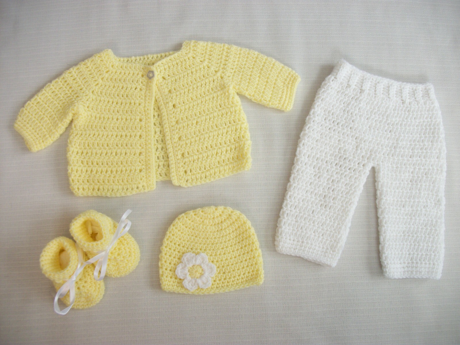 Crochet Baby Set-Sweater Pants Hat Booties 0-3m Girl Handmade Shower Gift Yellow