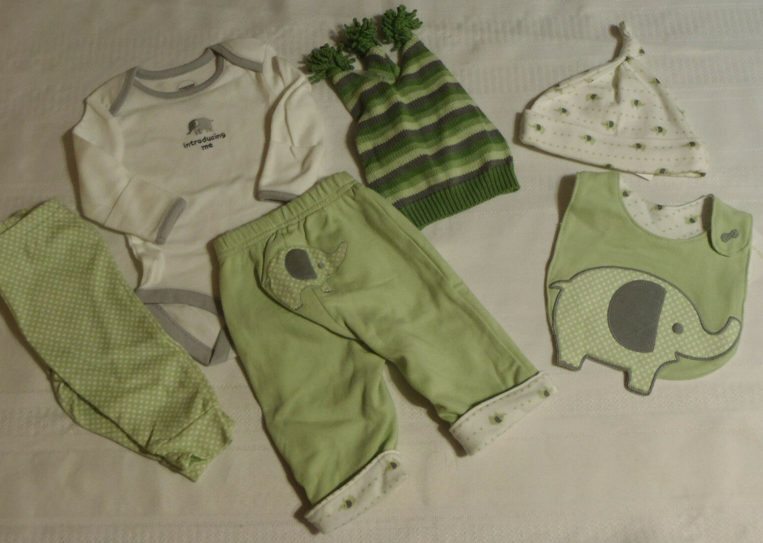 GYMBOREE Baby 0-3 Month Green Elephant Reversible Pants Hat Bib Bodysuit Set New