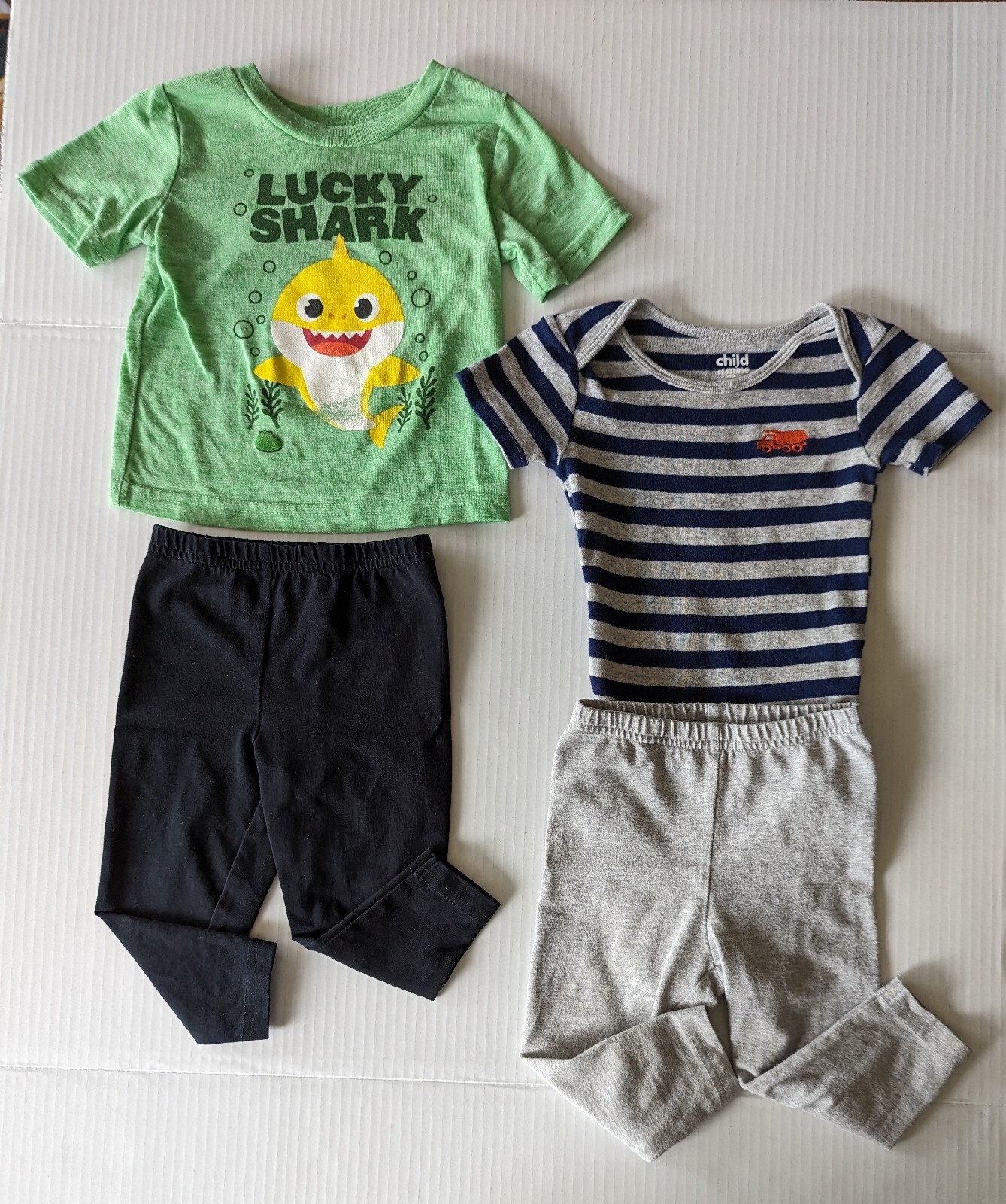 4 Pcs Infant 9-12 Months Shark Shirt, Navy White 1-Piece Shirt & 2 Pr Knit Pants