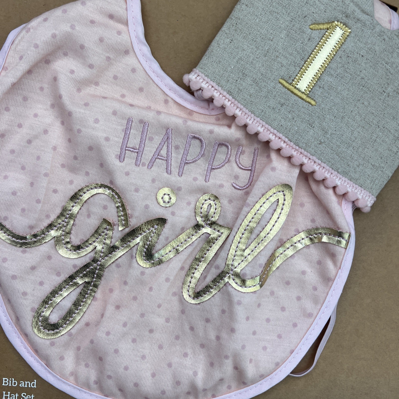 New Happy Girl 1st Birthday Set Bib & Hat