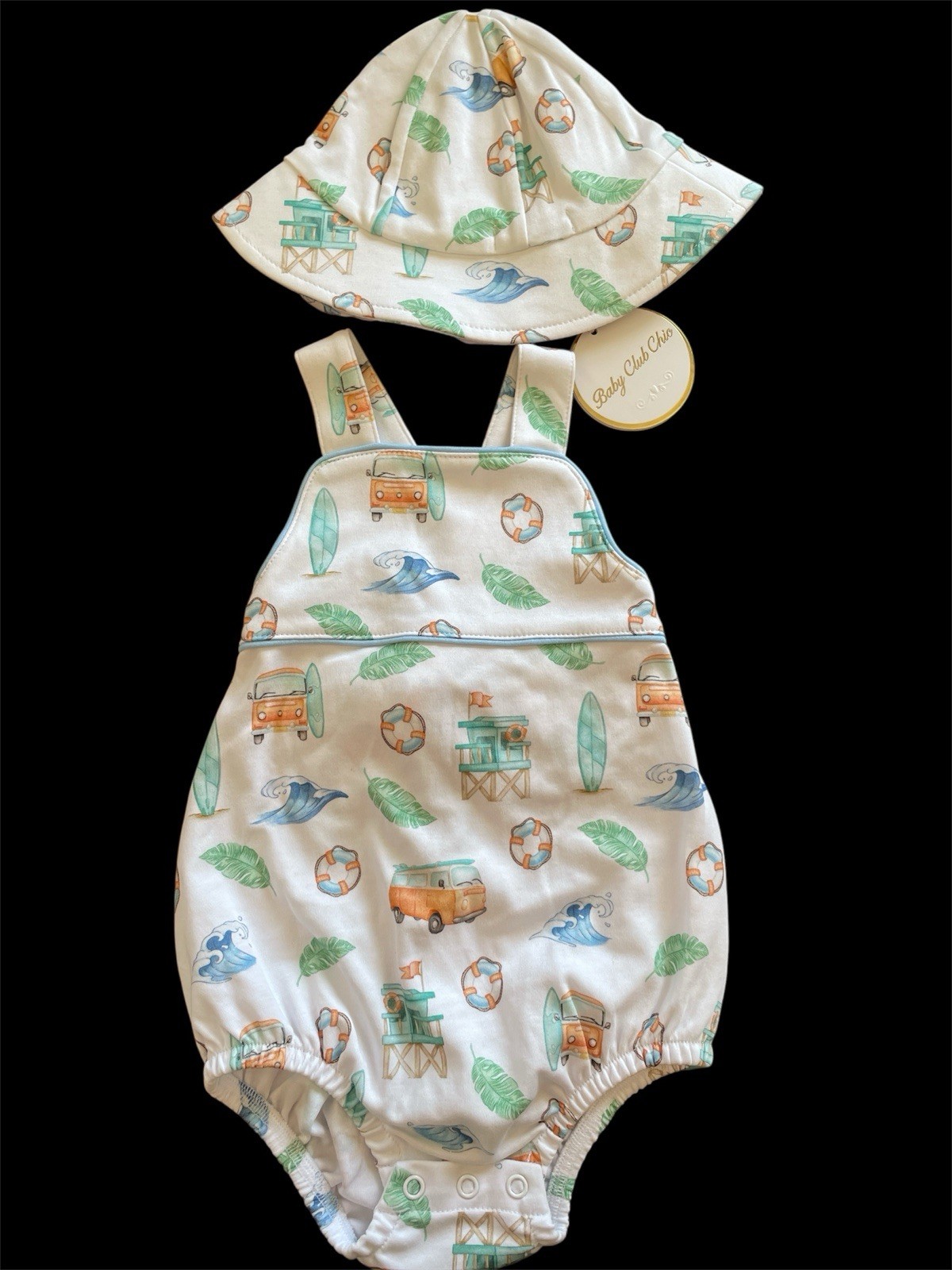 Baby Club Chic (Peru) NWT “Surfing” Pima Cotton Bubble Sunsuit & Hat-3-6Mos