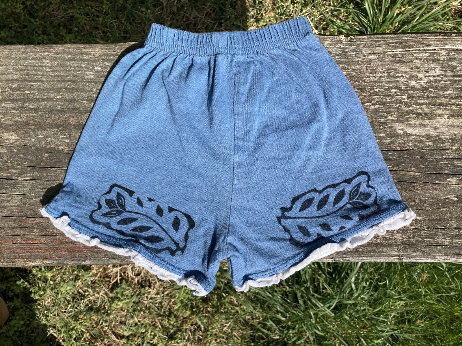 Upcycled Flower Shorts- Original Linocut Print – baby 12-18 months