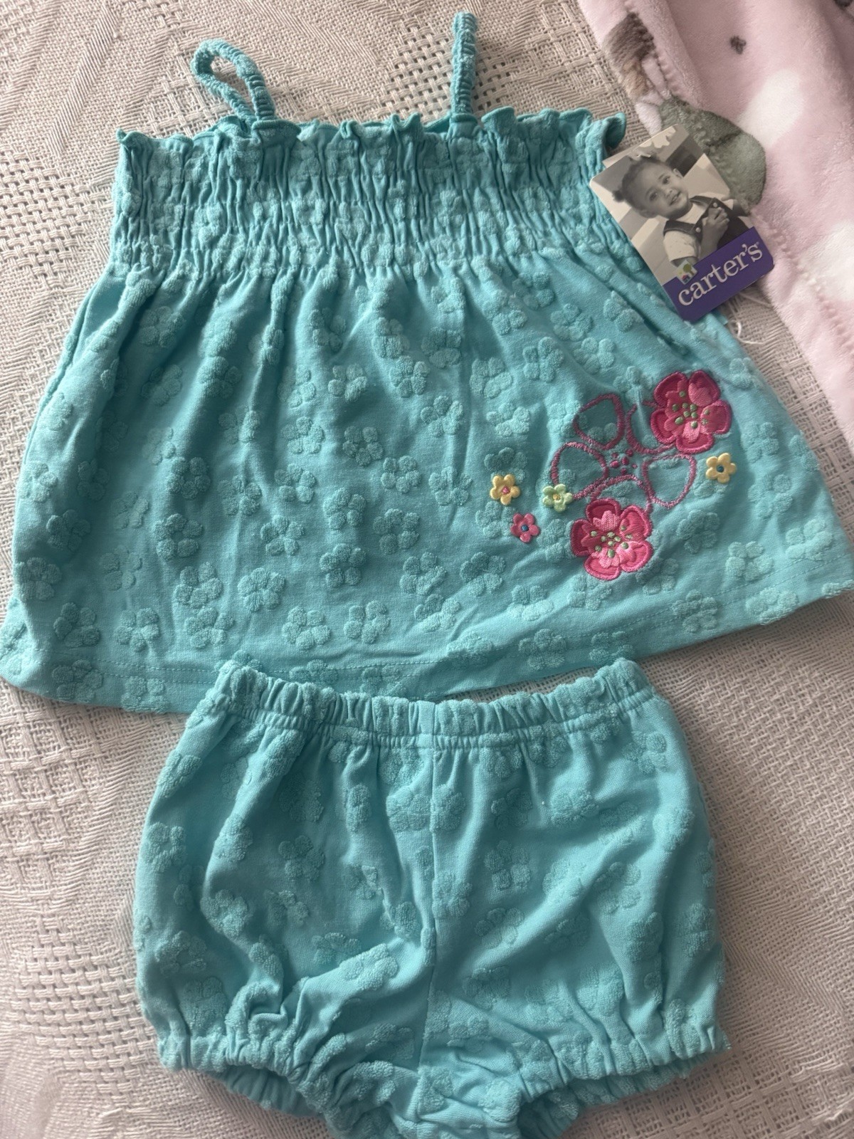 Carter’s Girls 9-12M 2pc Blue Floral Embroidered Tank & Shorts Set