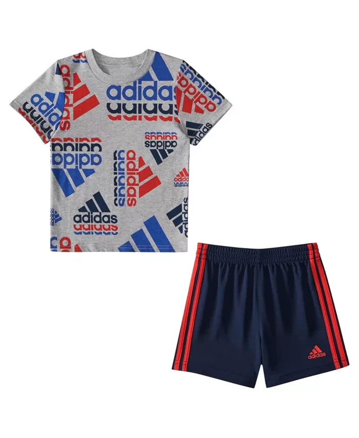 Baby Boys’ Adidas $34 Gray/Blue Logo Print Cotton T Shirt and Shorts Set NWT