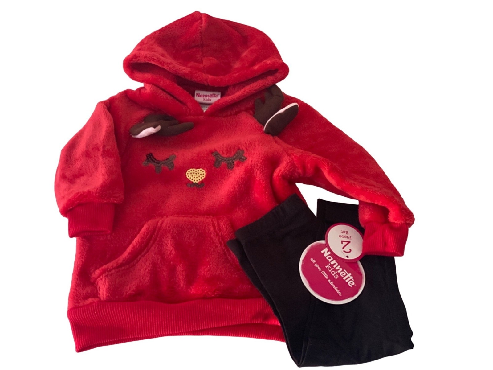 Fleece Hoodie Black Legging NANNETTE KIDS Red Reindeer Christmas Holiday 2 Piece
