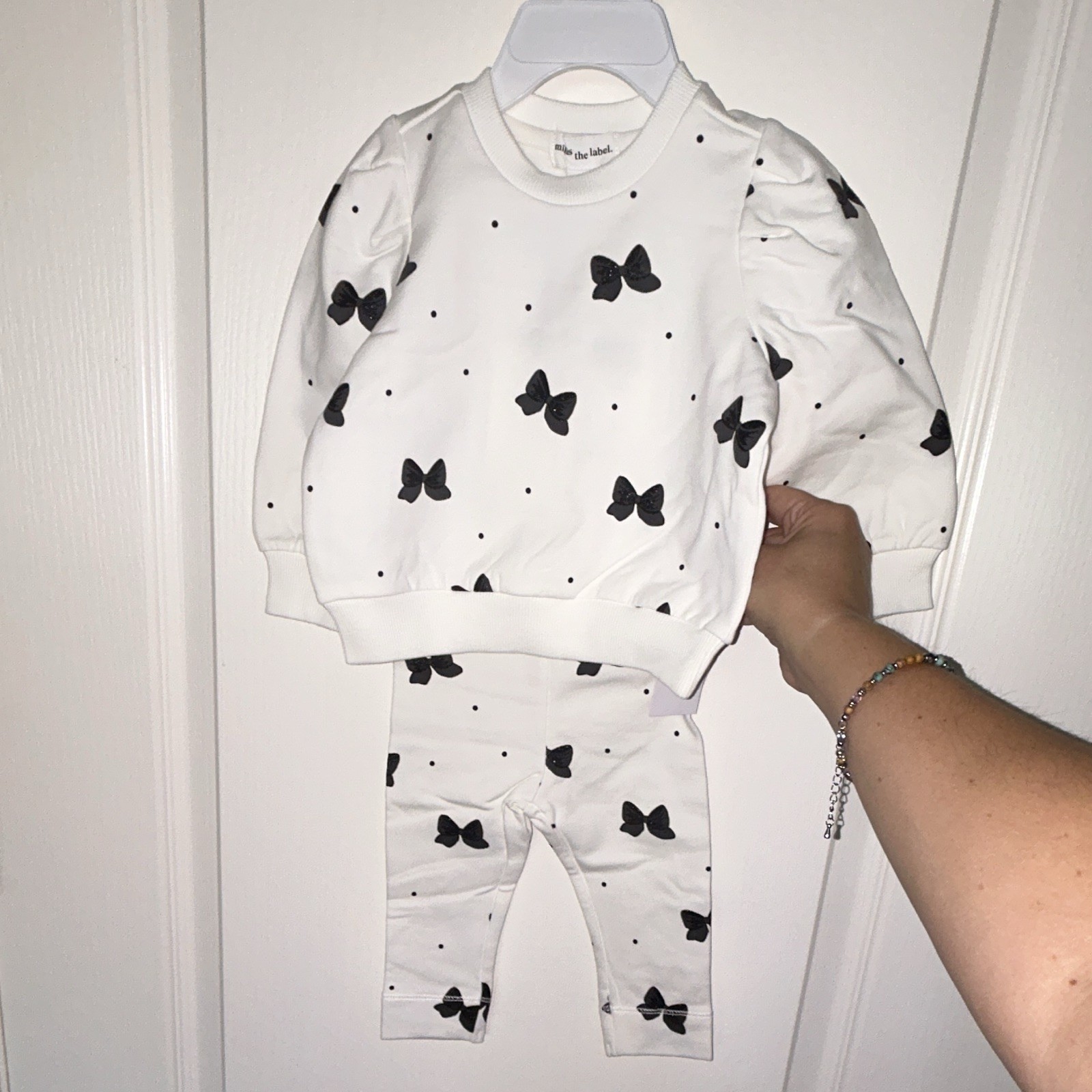 Miles the Label 2pc Bow Sweatshirt Pants Set White/Black 6M