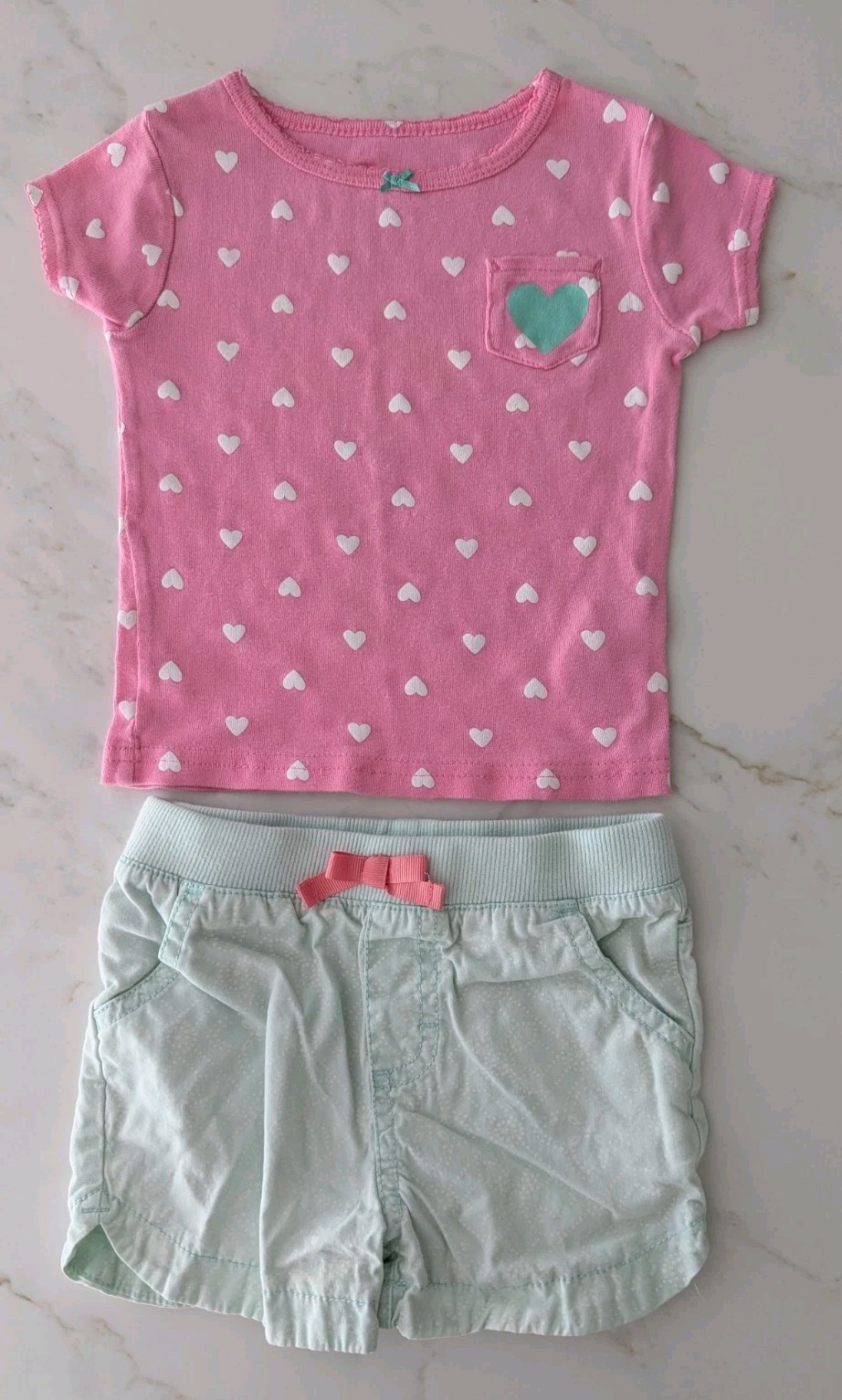 2 Pc’s Girl’s Size 18 Months Pink w/ White Hearts Shirt & Mint Green Shorts
