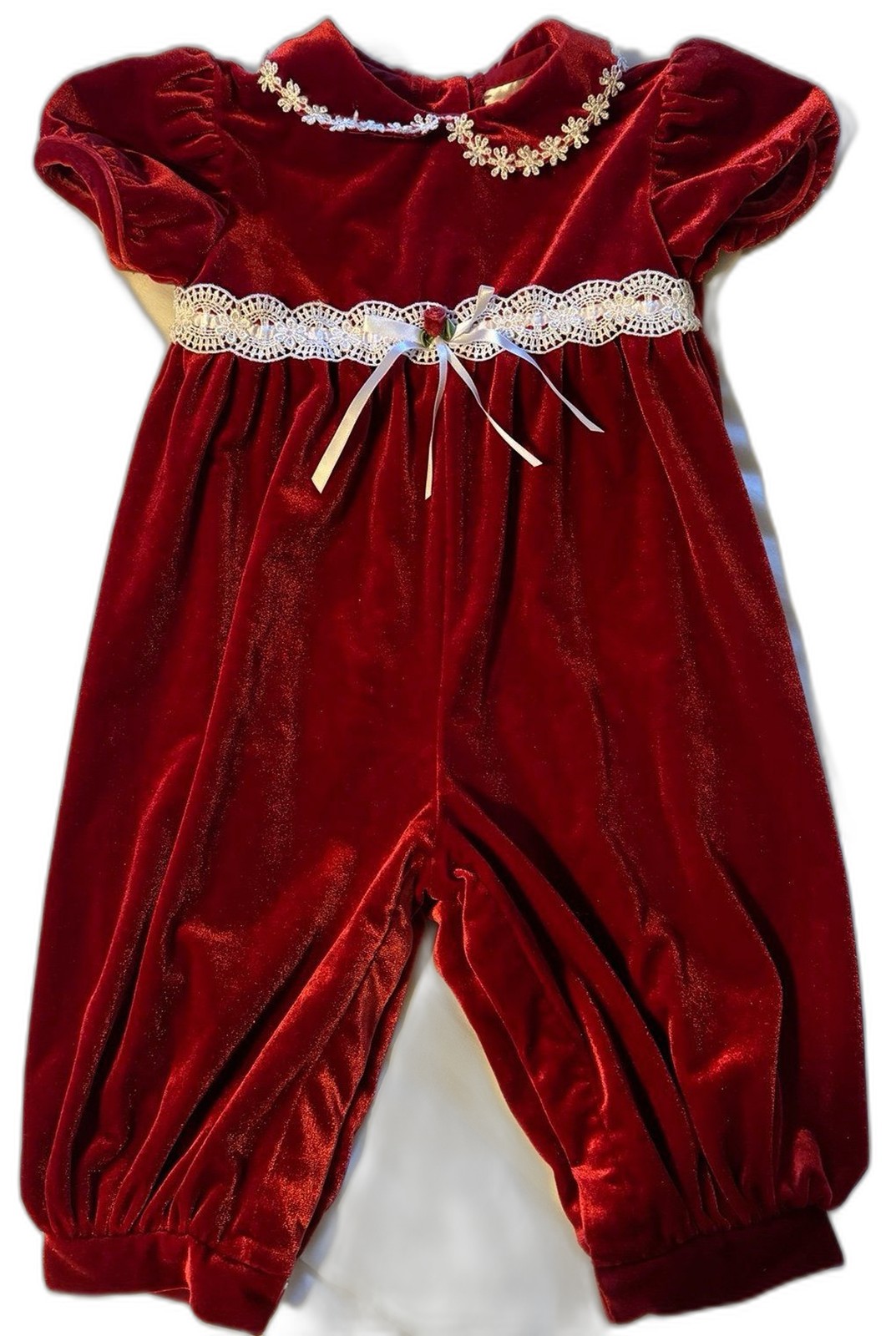 Rose Cottage Baby Bubble Dark Red Velvet with Lace Trim 6/9 mo Classic