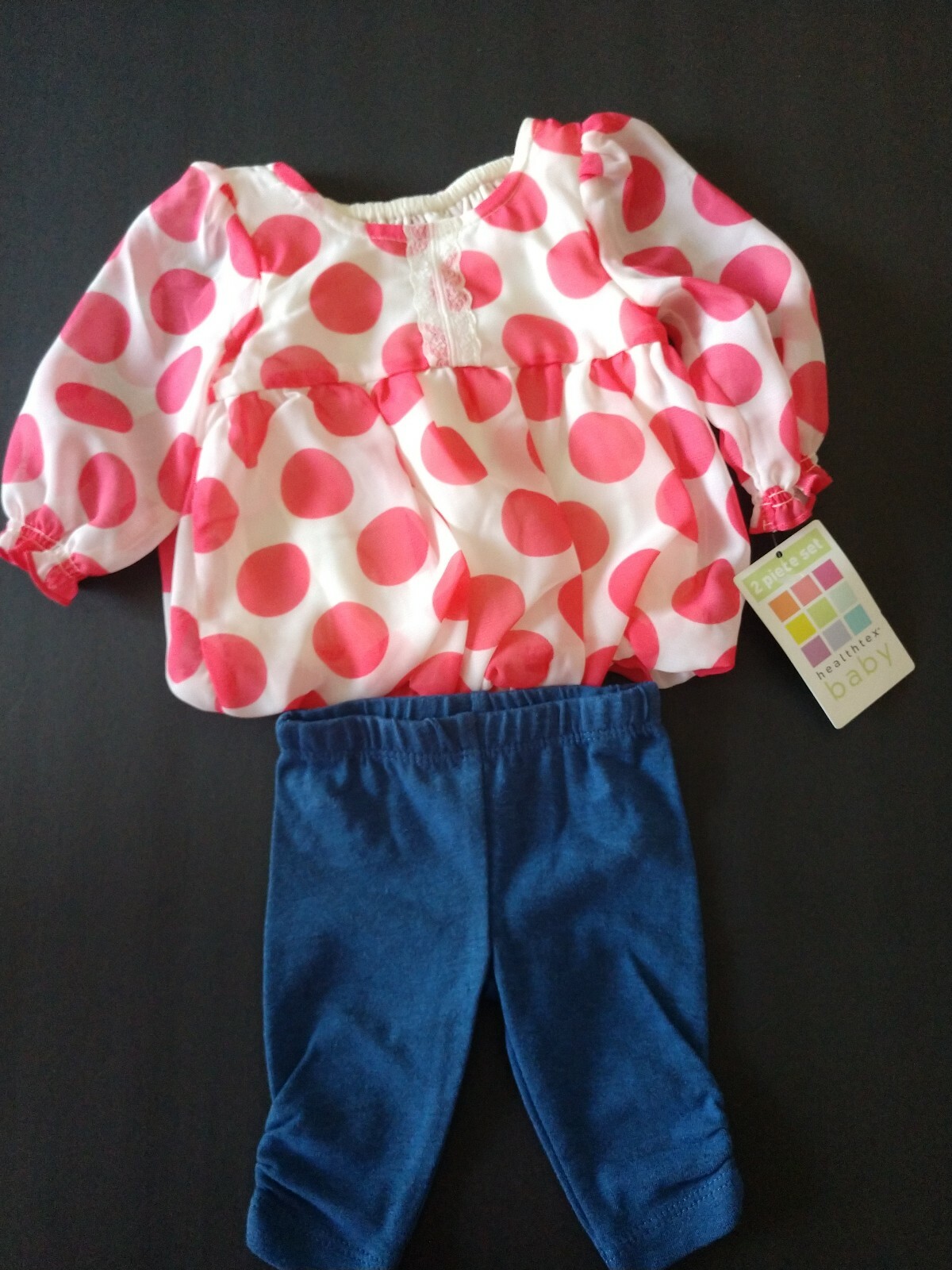 Healthtex Newborn Baby Girl Two Piece White With Coral Dots Blue Pants Set NWT