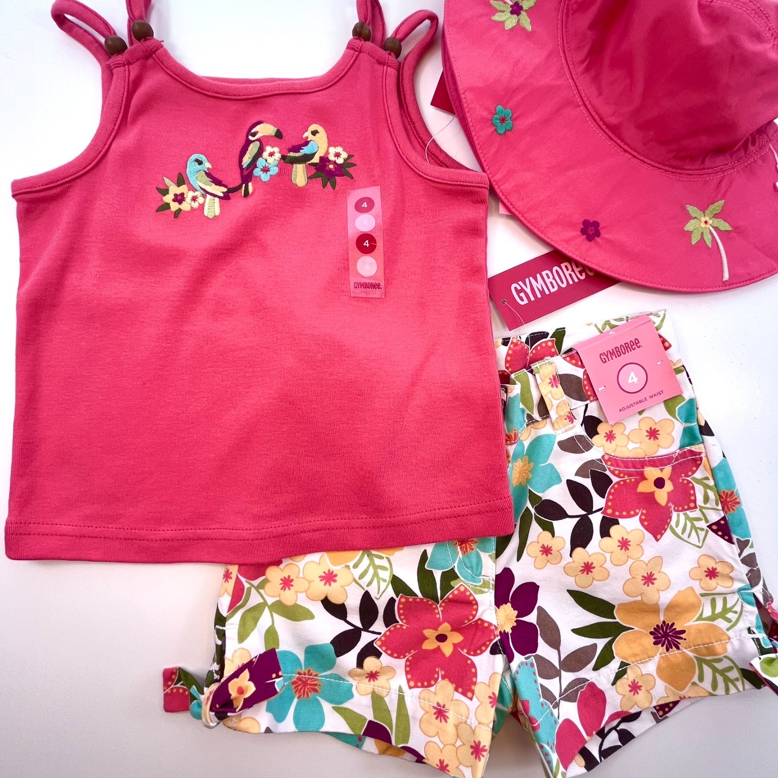 Vintage NWT Gymboree 2009 JUNGLE GEM 3pc Set Parrot tank top, Shorts, Hat 4 4T