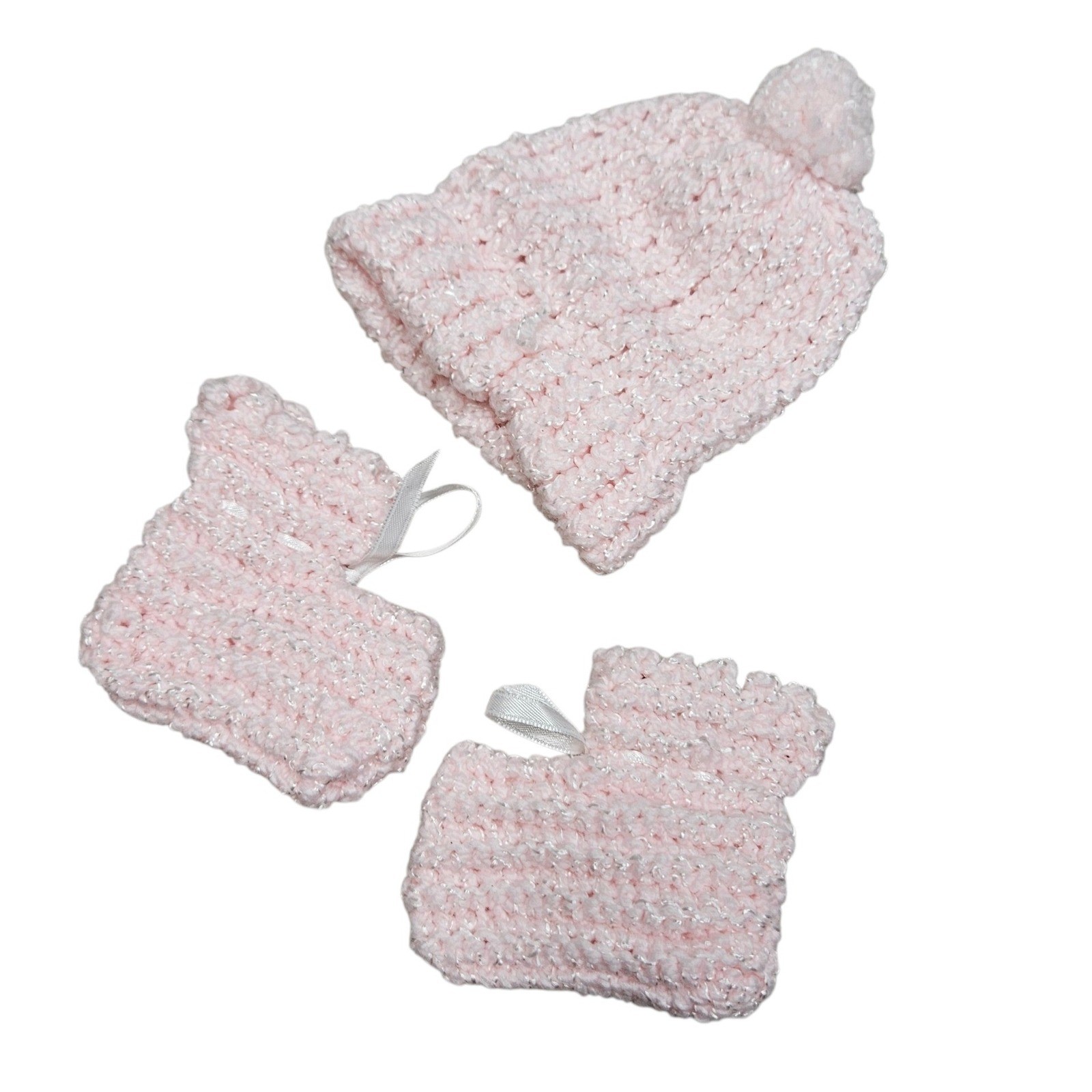 Baby Crochet Knit Hat Mittens Booties Set Pink Sparkle Pom Pom Newborn Gift 0-6