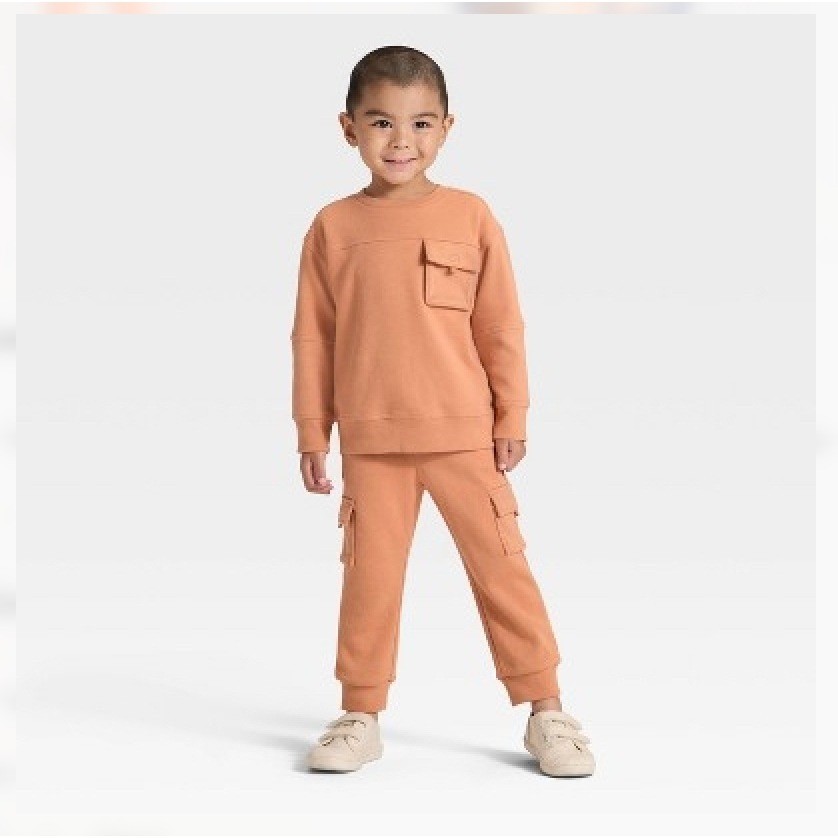 Cat & Jack Sweatshirt Jogger Set Toddler 18M Orange NWT Cargo Pocket 2pc Outfit