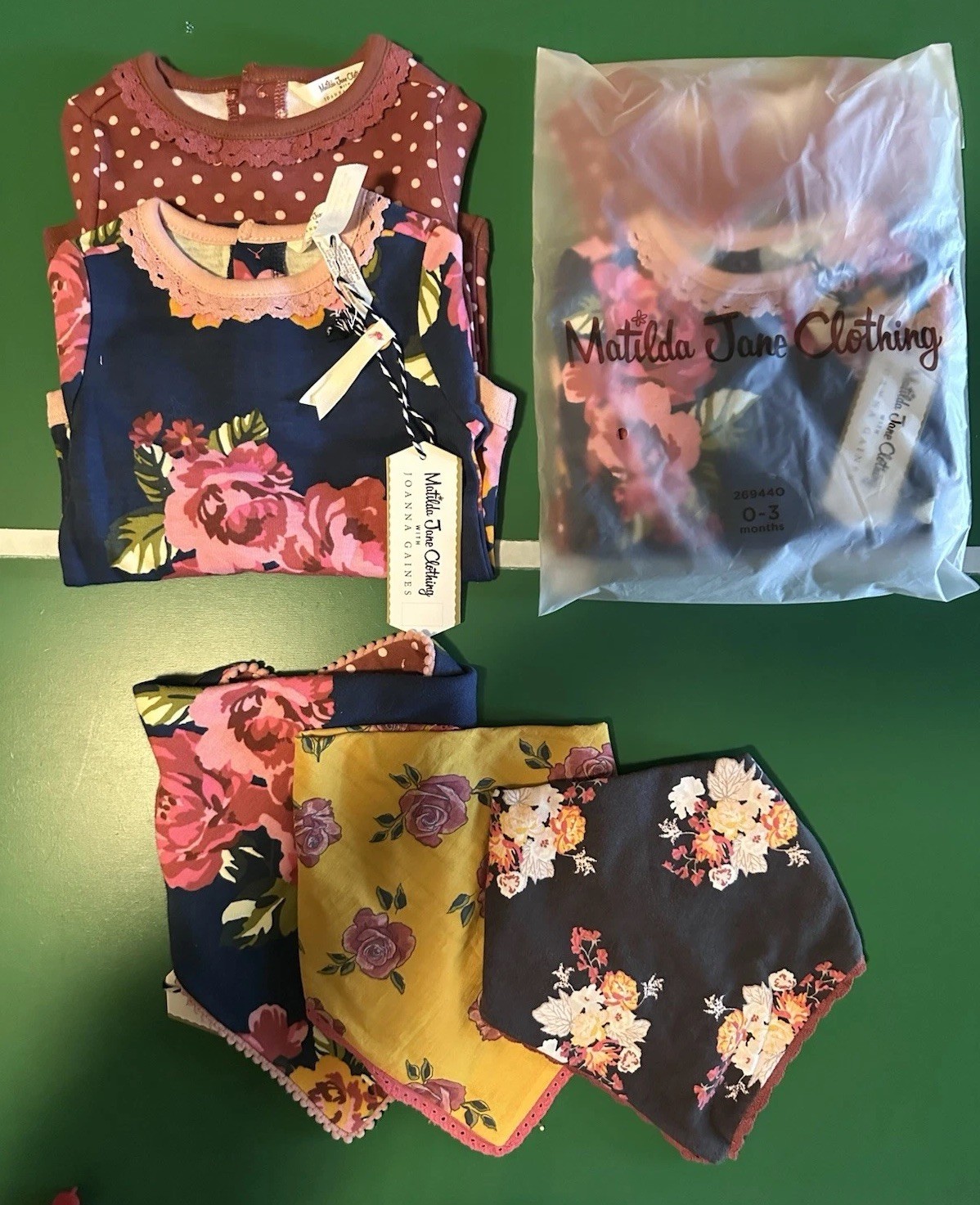 Matilda Jane W/ Joanna Gaines Onsies Sets Sizes 0-3 And 3-6 With One Set Of Bibs