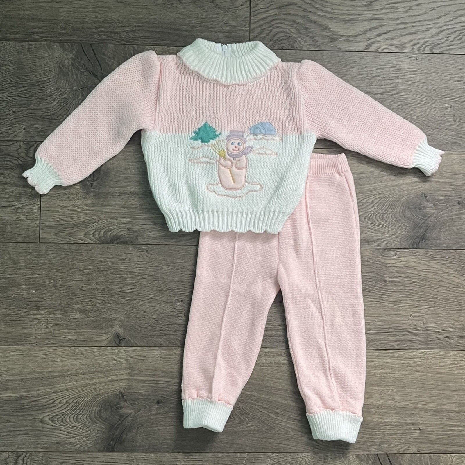 Vintage Baby Togs Pink Snowman 18m Acrylic Sweater Outfit READ