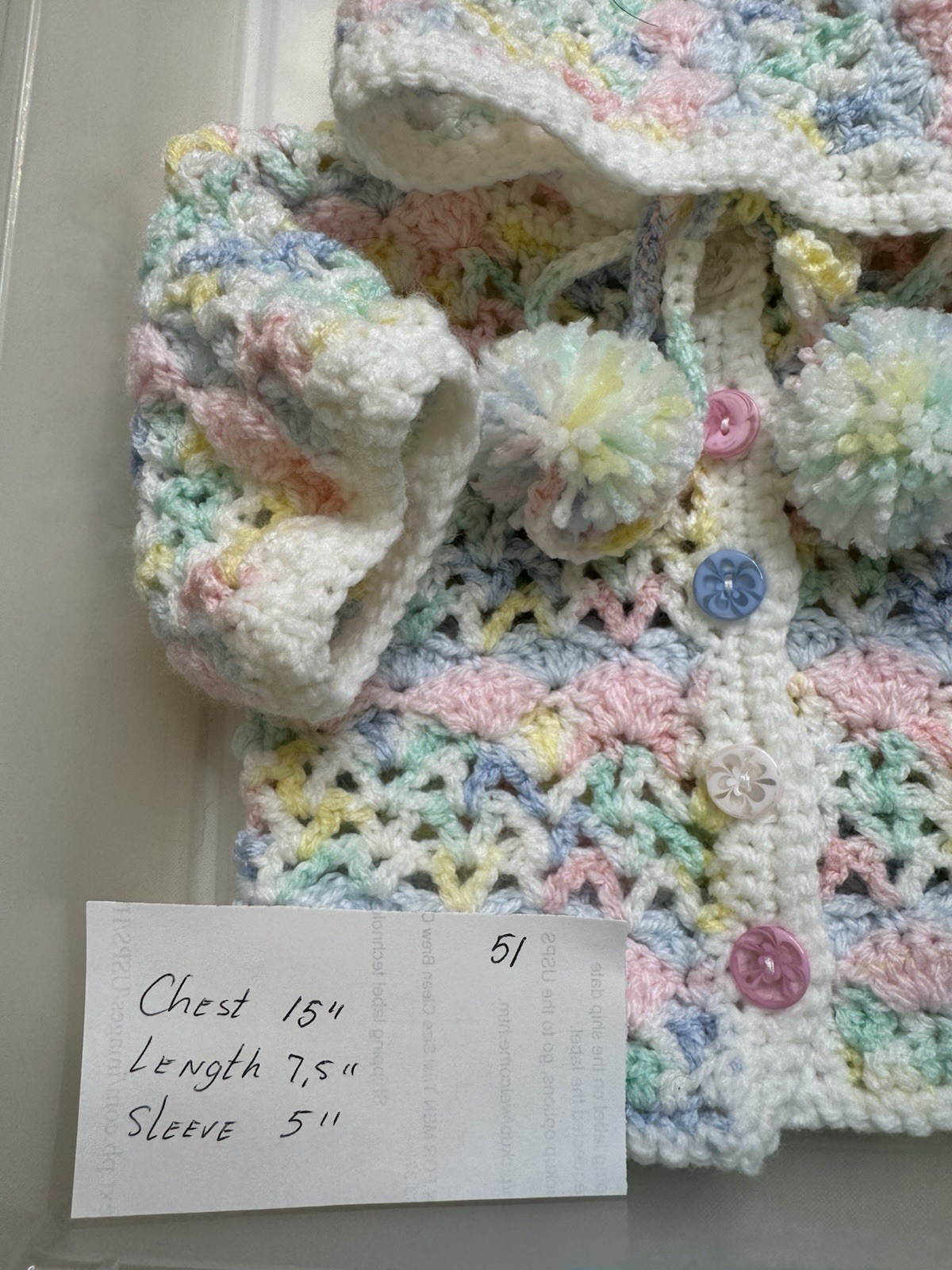 Baby Hooded Jacket Crochet Handmade Newborn 0- 6 Month Multi Pastels Chest 15”